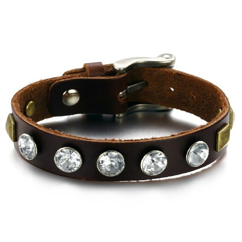 High Quality Retro Titanium Leather Bangle With Rhinestone