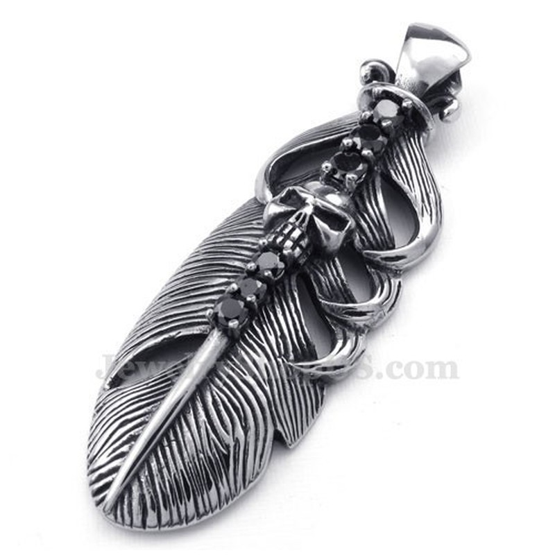  Titanium Feather Pendant Necklace Adorned With Skull (Free Chain)