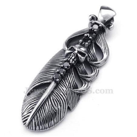  Titanium Feather Pendant Necklace Adorned With Skull (Free Chain)