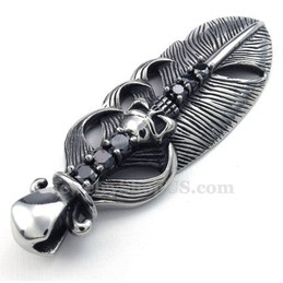  Titanium Feather Pendant Necklace Adorned With Skull (Free Chain)
