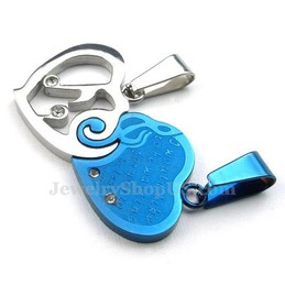 Blue & Silver Titanium Couples Hearts Pendant Necklace (Free Chain)(One Pair)
