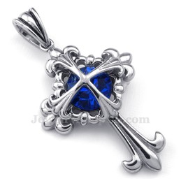 Blue Zircon Titanium Flower Cross Pendant Necklace (Free Chain)