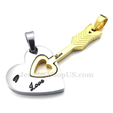 Titanium Gold Cupid Arrow Hearts Couples Pendant Necklace (Free Chain)(One Pair)