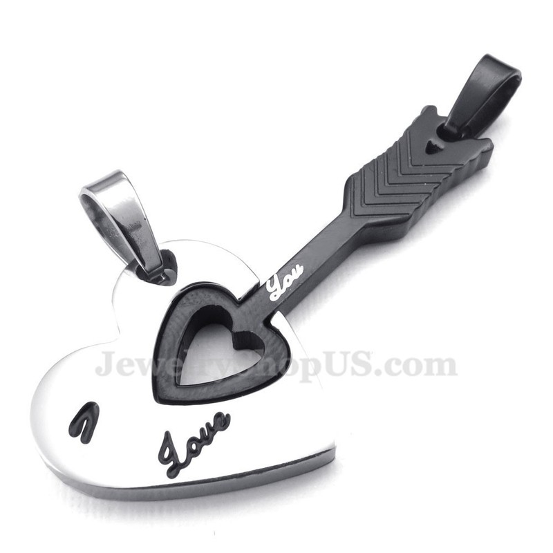 Titanium Black Cupid Arrow Hearts Couples Pendant Necklace (Free Chain)(One Pair)