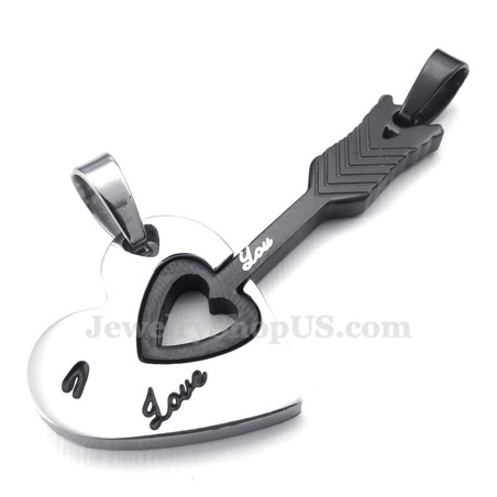 Titanium Black Cupid Arrow Hearts Couples Pendant Necklace (Free Chain)(One Pair)