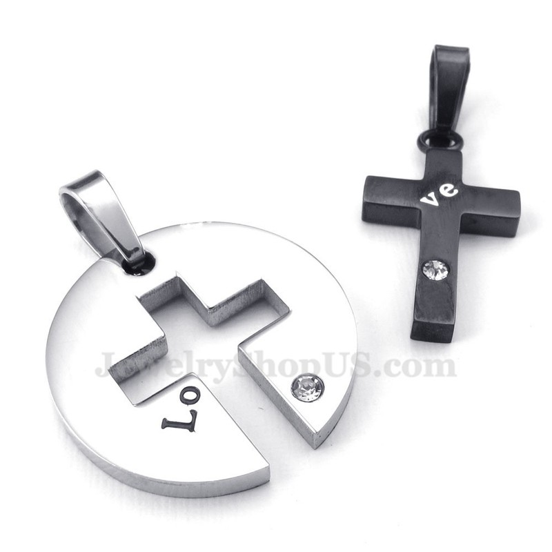 Titanium Black Cross Couples Pendant Necklace (Free Chain)(One Pair)