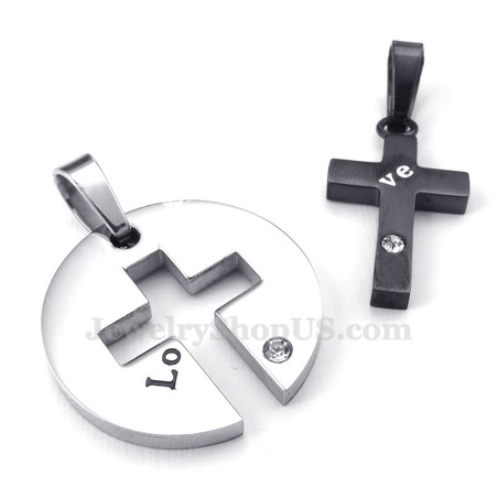 Titanium Black Cross Couples Pendant Necklace (Free Chain)(One Pair)