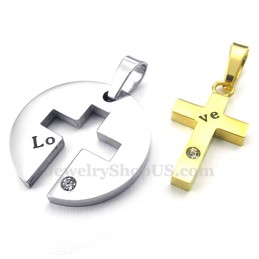 Titanium Gold Cross Couples Pendant Necklace (Free Chain)(One Pair)