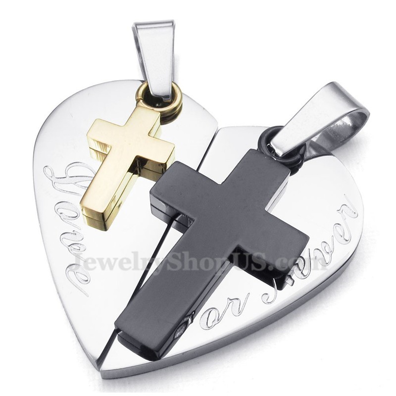 Titanium Double Cross Hearts Shaped Couples Pendant Necklace (Free Chain)(One Pair)