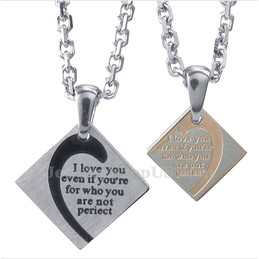 Titanium Square Couples Pendant Necklace (Free Chain)(One Pair)