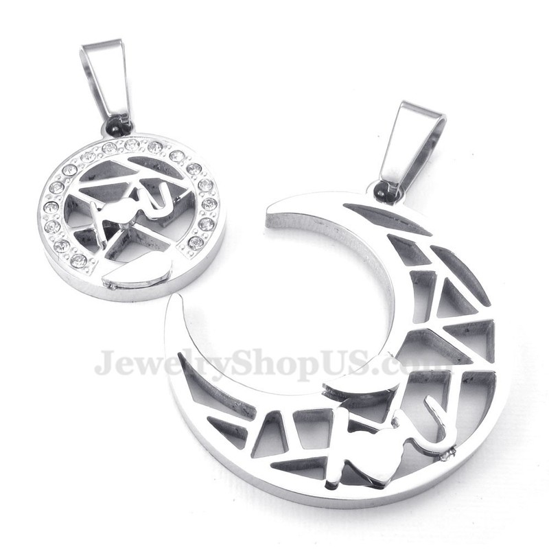 Titanium Silver Moon And Stars Couples Pendant Necklace (Free Chain)(One Pair)