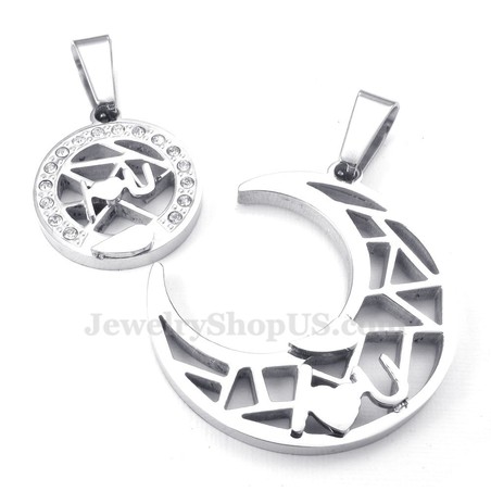 Titanium Silver Moon And Stars Couples Pendant Necklace (Free Chain)(One Pair)