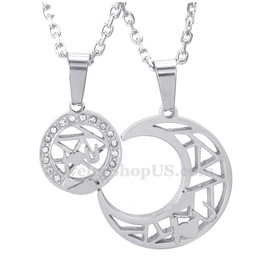 Titanium Silver Moon And Stars Couples Pendant Necklace (Free Chain)(One Pair)