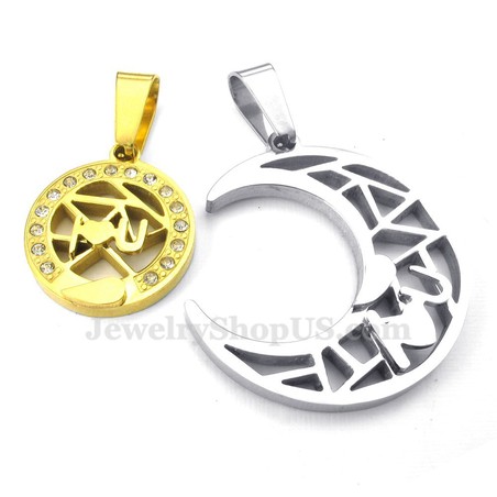 Titanium Gold Moon And Stars Couples Pendant Necklace (Free Chain)(One Pair)