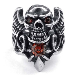 Titanium Skull Wing Ring with Red Zircon
