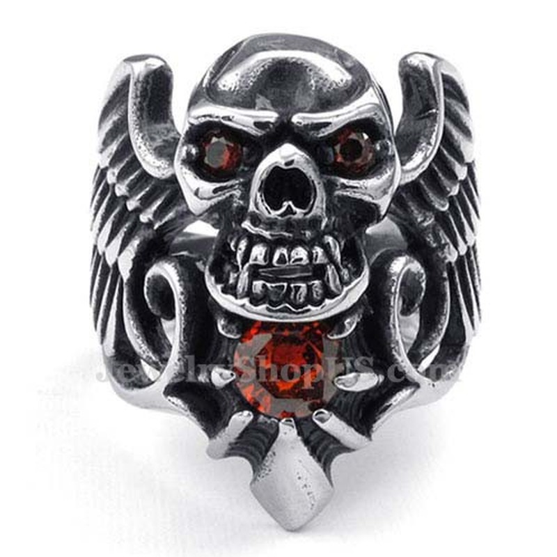 Titanium Skull Wing Ring with Red Zircon