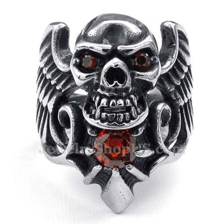 Titanium Skull Wing Ring with Red Zircon
