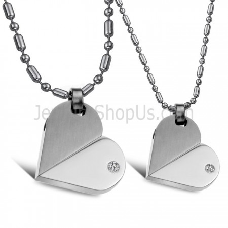 Titanium Silver Sweetheart Pendants with Rhinestones and Free Chains 111