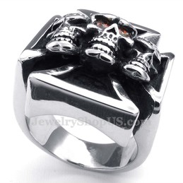 Titanium Cross Skull Ring with Red Zircon Eyes