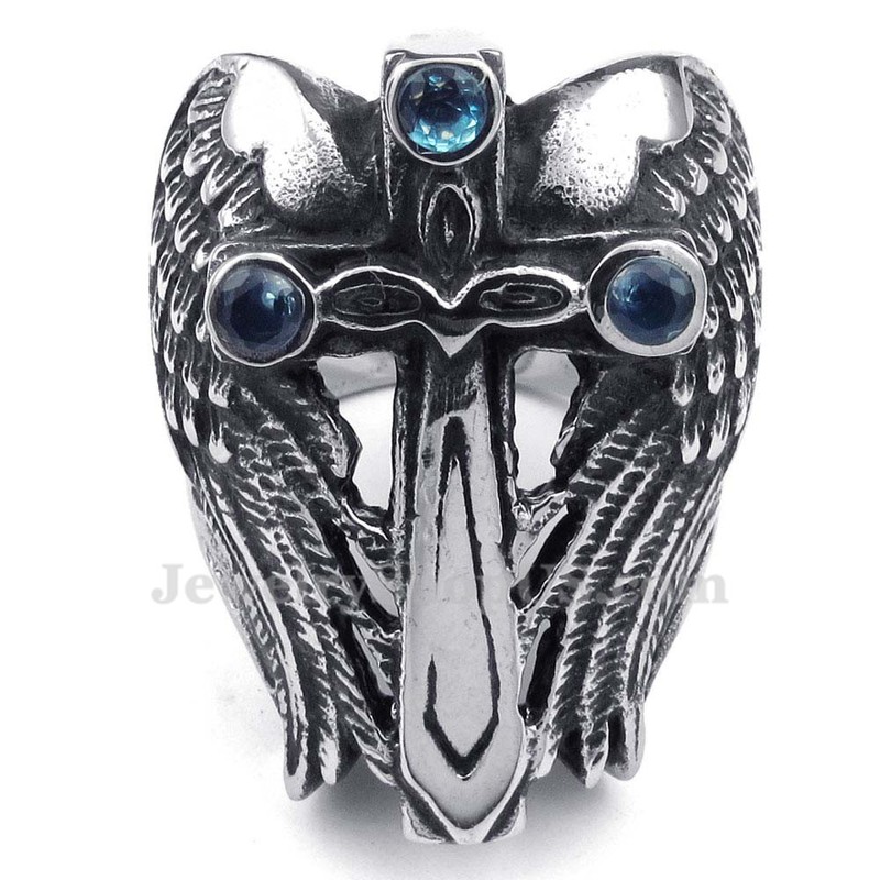 Titanium Cross Wing Ring with Blue Zircon