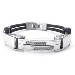 Silver Black Titanium Bangles with Wire Leather
