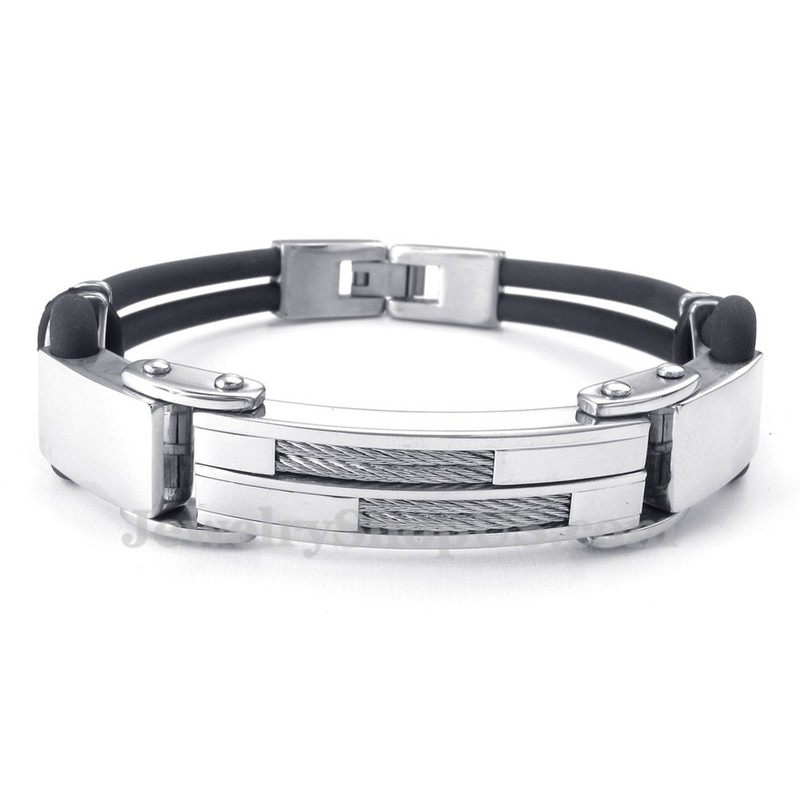 Silver Black Titanium Bangles with Wire Leather