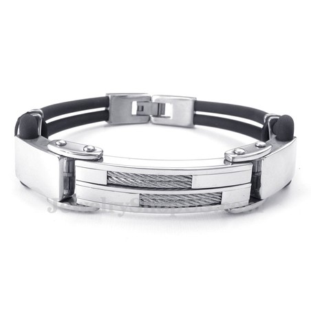 Silver Black Titanium Bangles with Wire Leather