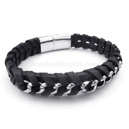 Hot Sale Cheap Silver Chains Titanium Black Leather Bracelets