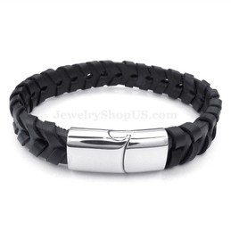 Hot Sale Cheap Silver Chains Titanium Black Leather Bracelets
