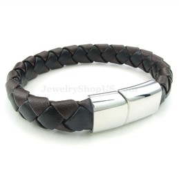 Cheap Hand Woven Brown Color Titanium Buckle Leather Bracelets