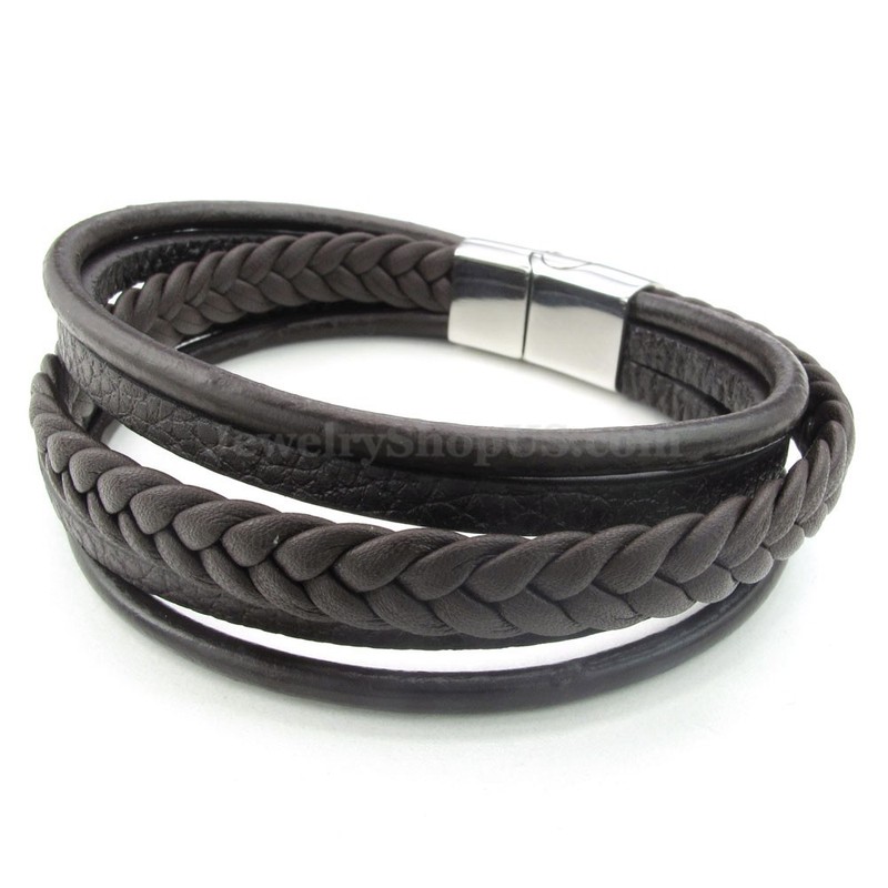 Fashion Hand Woven Brown Color Titanium Buckle Leather Bracelets