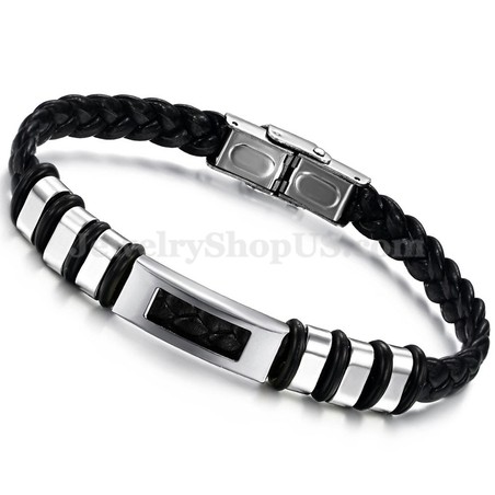Men's Silver Black Titanium Leather Bracelet C767