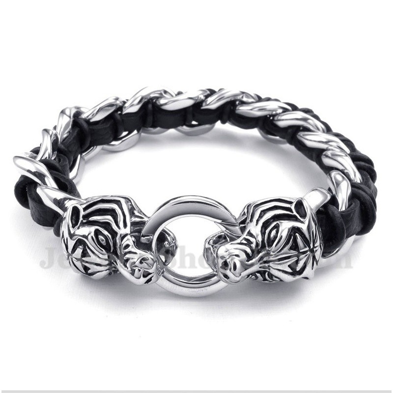 Men's Titanium Tiger Head Leather Bracelet