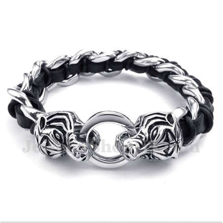 Men's Titanium Tiger Head Leather Bracelet