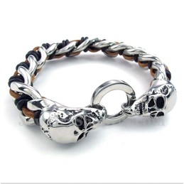 Men's Titanium Skull Leather Bracelet