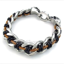 Men's Titanium Skull Leather Bracelet