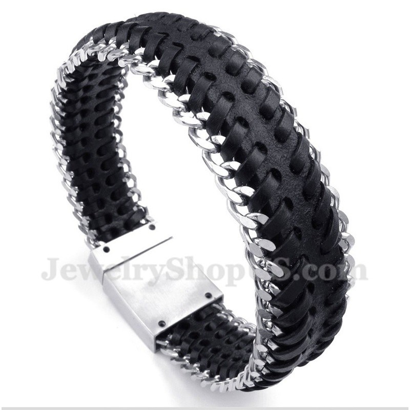 Men's Titanium Black Leather Bracelet