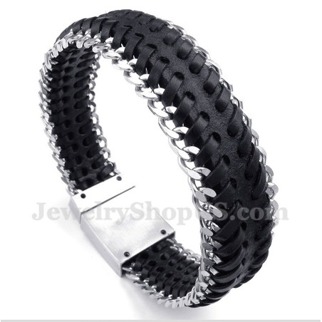 Men's Titanium Black Leather Bracelet