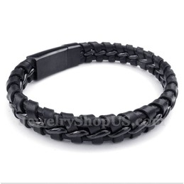 Men's Titanium Black Leather Bracelet