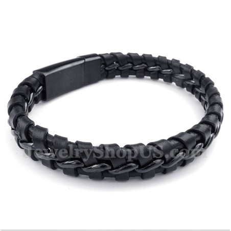Men's Titanium Black Leather Bracelet