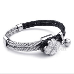 Men's Clover Black Leather Titanium Bracelet