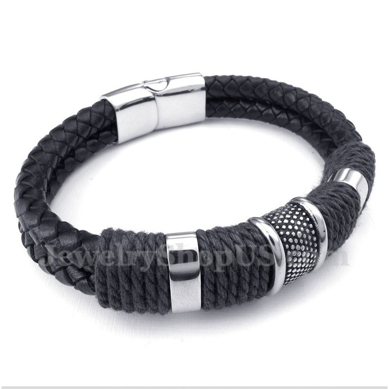 Men's Titanium Black Leather Bracelet