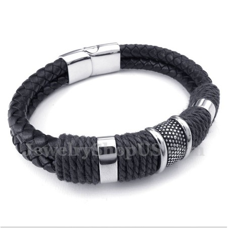 Men's Titanium Black Leather Bracelet