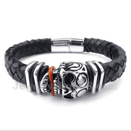 Men's Leather Skull Titanium Bracelet
