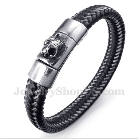 Men's Titanium Black Leather Cable Bracelet