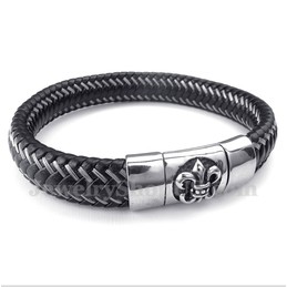 Men's Titanium Black Leather Cable Magnet Bracelet