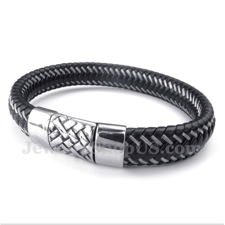 Men's Titanium Black Leather Cable Bracelet