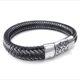 Men's Titanium Black Leather Cable Bracelet