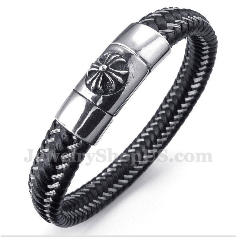 Men's Titanium Black Leather Cable Bracelet