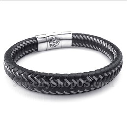 Men's Titanium Black Leather Cable Bracelet